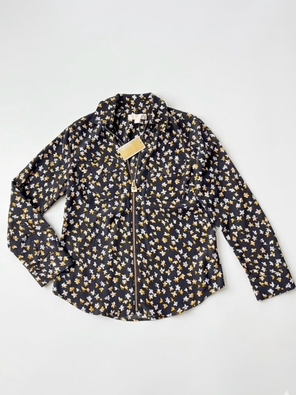 Michael Kors Zip-Front Black Ditsy Floral Crepe Blouse Jacket Black Yellow White
